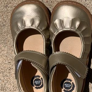 Gold leather Livie & Luca Mary Janes with ruffle detail